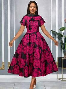 Vestido largo y fluido con estampado jacquard de rosa elegante para mujer AOMEI, vestido de fiesta, cóctel, boda, dama de honor, graduación, invitada de boda, ropa de mujer para otoño