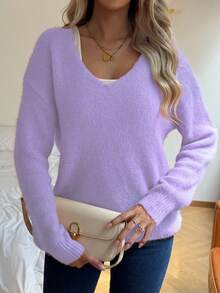 Women's V Neck Mohair Sweater - Drapey Long Sleeve Pullover For Fall Winter Resort And Party Wear | Retro Luxe Lightweight, Back To School - Purple - View 4