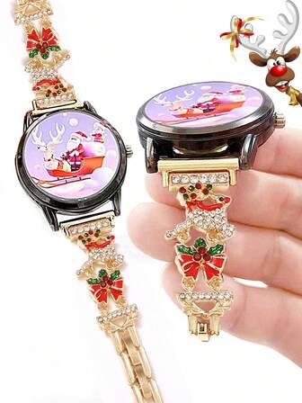 1条圣诞元素表带，适用于20mm/22mm表盘的三星Galaxy Watch等手表。也兼容 38/40/41/42/44/45/46/49mm，饰有圣诞铃铛和驯鹿图案，时尚手表配件 - 可调节长度（仅含表带，不含手表）