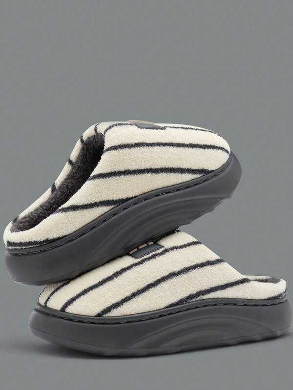 Men & Women Striped Thermal Lined Thick Slippers, Warm Indoor Home Plush Anti-Slip Slides, Autumn/Winter 2025 New