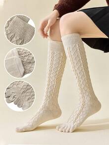 1/3/6 Pairs Women Solid Color Two-Toe Socks, Five-Finger Socks, Autumn/Winter Merino Color Versatile Mid-Calf Socks, Women Diamond Grid Toe Socks - Multicolor - View 2