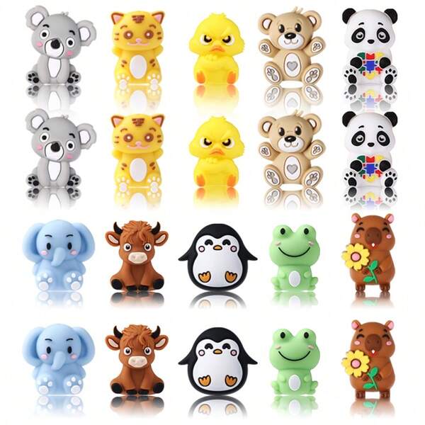 20Pcs Cute 3D Animal Silicone Beads - Silicone Focus Beads, Bear, Cow, Capybara, Frog, Elephant, And Other Animals Fashion Designs, Beads For Jewelry Making, Perfect For DIY Bracelets, Beaded Pen Accessories, Holiday Party Decorations, Keychains And Other Handmade Crafts - Ideal Christmas Gift