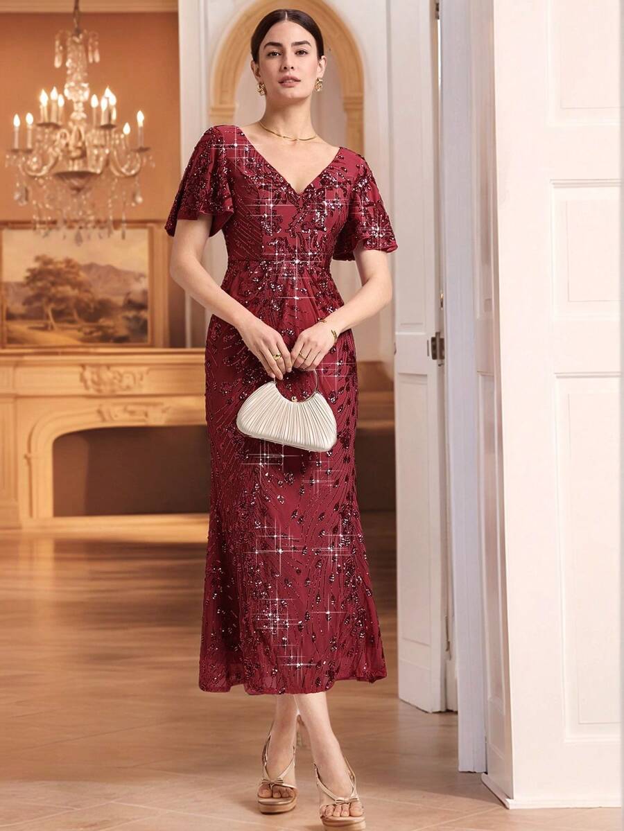 女士优雅中长款美人鱼连衣裙，V领短袖亮片正式晚礼服，弹力面料