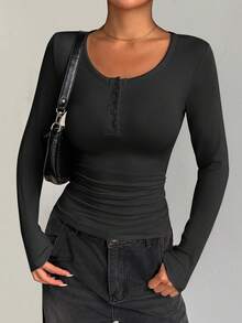 Women's Spring  Fall Long Sleeve Henley T Shirts Button Ribbed Knit Slim Fit Basic Tops Blouse Casual Outfits Valentine's Day Vacation Outfit Women - màu đen - Xem 4