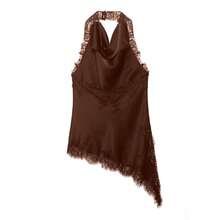 Blusa elegante de mujer MUMRAP con parches de encaje de unicolor y espalda descubierta, para verano - Café integral - Ver 7