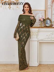 Olive Green Elegant Maxi Long Sleeve Dresses Off The Shoulder Sequin Evening Prom Dress For Christmas, Party, Wedding - Olive Green - View 7