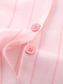 2pcs Women Pajama Set, Pink Vertical Striped Lapel Top With Frill Trim, Comfortable Pants, Suitable For Home & Leisure, All Seasons - Pink - View 8