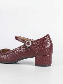 Women's Square Toe Casual Comfortable Rhinestone Buckle Chunky Heel Soft Bottom Work Shoes - Red - View 9