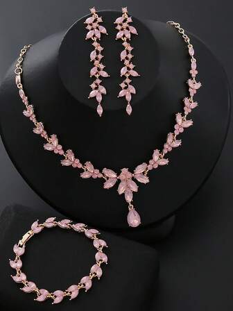 4 件/套水钻新娘伴娘首饰套装，优雅马眼尖头水钻叶项链吊坠耳环手链套装，适合女士婚礼派对配饰