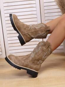 女式复古时尚西部刺绣牛仔靴 - 駝色 - 查看 6