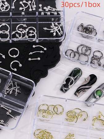 30 件/套朋克风格金属铆钉指甲穿孔装饰环，适合夏季的指甲配件，指甲首饰 DIY，金色、银色、白色、黑色