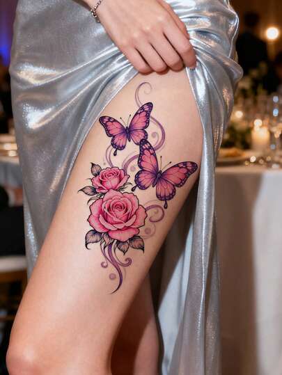 STARTTOOS 大型花卉手臂纹身贴纸 - 渐变红色和粉色海娜花朵和蝴蝶图案临时假纹身，适合DIY动漫节、狂欢节、音乐节、情人节、派对节日礼物，性感适用于大腿、胸部、腹部、背部、肩膀、颈部、锁骨，防水逼真纹身贴纸