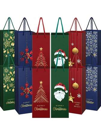 1/3/6/12pcs Christmas Wine Gift Bags With Handles, Reusable Thick Christmas Wine Bottle Wrapping Paper Bags, Perfect Holiday Birthday Party Bags For Wine, Champagne, Whiskey, Christmas Gifts, Home Decoration, Assorted Colors And Styles Christmas Christmas Decorations Christmas Pajamas Christmas Gifts Christmas Decor