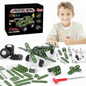166pcs 4-In-1 Military Series Model Building Blocks, Children's Assembling Puzzle Alloy Building Blocks Toy