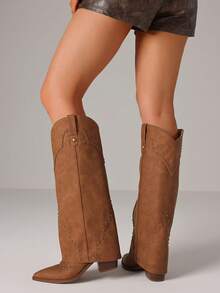 Women Fold Over Boots Studded Chunky High Heels Cool Fashion Punk Gothic Knee High Cowgirl Vintage Shark Western Boot For Woman - 棕色 - 查看 4