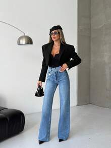SQUALO Women's Wide Leg Color With Pocket Details Destroyed Retro Washed Street Style Jeans Ripped And Cutout Wide Leg Jeans - Blue - View 7