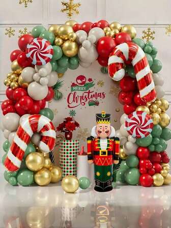 128 Pcs Nutcracker Christmas Balloon Garland Arch Set Red Sage Green Gold White Sand Balloons Candy Balloons Walnut Soldier Balloons Christmas Party Decoration Supplies, Suitable For Christmas Window Decoration Balloons, Birthday Party Theme Decorations, Room Background Decorations, Christmas Theme Balloon Set