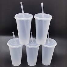 5pcs 24oz Reusable Plastic Cups With Straw And Lid, Durable Water Cup Tumbler, 710ml Large Capacity Lightweight For Carrying, Iced Coffee Straw Cup, Large Water Bottle Travel Cup, Summer Party Bulk Cold Drinks, Suitable For Adults, Perfect For Halloween Party, Birthday And Christmas Gifts - 透明 - 查看 3
