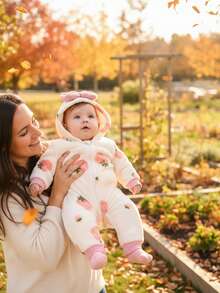 Casual Elegant Sweet Cute Baby Girl Clothes, Strawberry Print Bow Decor Fleece Hooded Zipper Front Jumpsuit, Soft & Comfortable Infant/Toddler Girl Outfit, Suitable For Daily, Vacation, Party, Outdoor - Multicolor - View 4