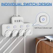8-In-1 Multi-Function EU Power Strip With USB, 4 EU AC Outlets, 3 USB Ports, 1 Type-C Port, On/Off Switch, Wall Mountable, Suitable For Home, Office And Travel, Great Gift For Christmas, Halloween, Birthday - EU E Type Plug(220-240V) - View 3