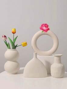 1 pieza Jarrón decorativo de cerámica con diseño geométrico, jarrón decorativo de cerámica minimalista nórdica, adecuado para decoración de mesa central de hogar de moda moderna, decoración de dormitorio estética, jarrón moderno, jarrón bohemio, jarrón redondo, jarrón donut, jarrón neutro para decoración del hogar