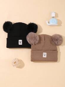 1入組嬰兒雙毛球針織帽帶標籤別針,保持溫暖在冬天 - 卡其色 - 查看 5