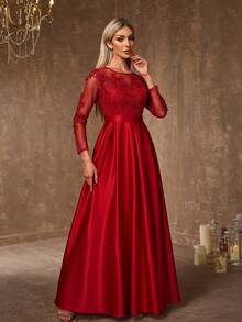 Women's Elegant Contrast Lace Round Neck Wedding Dress - Burgundy - View 7