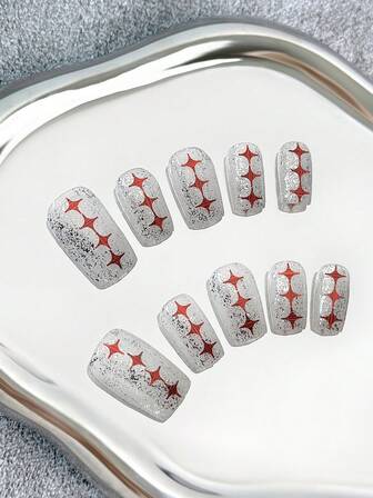 Square Nails Handgjorda Press-On Naglar, Flerfärgad Glitter Ombre Nagelkonst Med Handmålade Kreativa Designer, Heltäckande DIY Konstgjorda Glansiga Lösnaglar, 10 Styck/Förpack