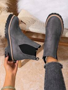 1 Pair Elegant Solid Color Fashion Side Zipper Ankle Boots, Suitable For Outdoor Wear All Seasons - Grey - View 2
