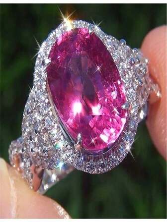 Glamorous Shiny Pink Oval Cubic Zirconia Halo Fashion Ring, Romantic Anniversary Engagement Jewelry, Valentine's Day Gift For Her, Wedding Band | Exquisite Jewelry | Cubic Zirconia Inlaid