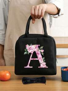 Isolierte Lunch Tasche, Kühltasche, Lunchbox, Kältepack, Blumen- und Buchstaben A-Z Muster Leinwand leichte tragbare Lunch Organizer Tasche, geeignet für Schule, Klassenzimmer, Uni, Büro, Camping und Picknick, Schulmaterial, Küchenorganisation, Küchen-Essentials, Lunchbox, Lunch Tasche, Damen Lehrer Picknick Tasche, Reise Kühltasche, Klassenzimmer Kühltasche, Damen Picknick Tasche - Schwarz - Übersicht 7