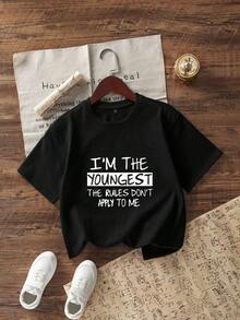 Tween Girl Casual Vui Vẻ Khẩu Hiệu In Áo Chui Đầu Cổ Tròn Tay Ngắn Hàng Đầu Cho Mùa Hè - màu đen - Xem 1