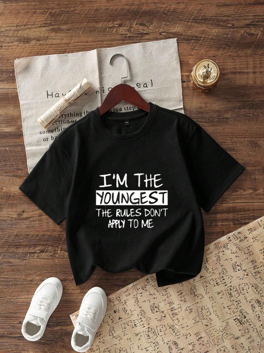 Tween Girl Casual Vui Vẻ Khẩu Hiệu In Áo Chui Đầu Cổ Tròn Tay Ngắn Hàng Đầu Cho Mùa Hè - màu đen - Xem 1