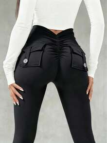 YEOREO Leggings With Pockets For Women V Back Scrunch Workout Leggings Tummy Control Butt Lifting Gym Yoga Leggings Yoga Pants For Women Winter Clothes For Women Black Pants - 黑色 - 查看 1