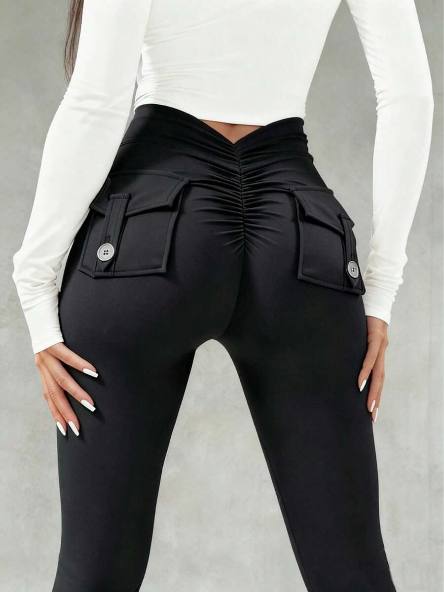 YEOREO Leggings With Pockets For Women V Back Scrunch Workout Leggings Tummy Control Butt Lifting Gym Yoga Leggings Yoga Pants For Women Winter Clothes For Women Black Pants - 黑色 - 查看 1