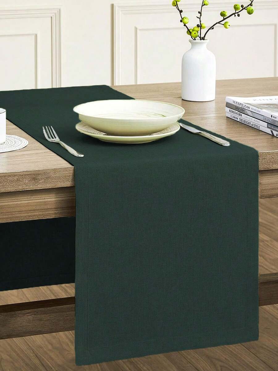 1pc Waterproof & Dirt-Resistant Thick Faux Linen Style Table Runner, Coarse Linen Farmhouse Boho Tear-Resistant Durable Table Runner Cloth, Suitable For Restaurant Decor, Kitchen Decor, Party, Banquet, Birthday, Baby Shower, Wedding, Picnic, Outdoor Gathering And Patio Setting - Dark Green - View 1
