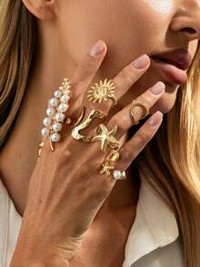 Set de 7 anillos con formas geométricas asimétricas, perlas falsas, estrellas de mar y soles, de estilo ligero y lujoso, para moda casual, estilo callejero, vacaciones, bodas, citas, cumpleaños de mujer, festividades, un regalo de joyería versátil