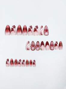 24片复古棕色调3D花朵杏仁形美甲贴片，渐变扎染工艺，优雅复古美甲盛宴，适合女性和女孩工作、派对、聚会和约会等场合。 - 彩色 - 查看 2