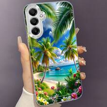 Funda de Teléfono de Flores y Árboles de Playa para Samsung Galaxy A02 A03S A04 A05S A06 A13 A14 A15 A16 5G A21S A22 A23 A24 A25 A26 A32 A34 A35 A36 A50 A52 A53 A54 A55 A56 A73 S21 Ultra S22 Plus S23+ S24 FE S25 Funda Protectora Transparente Resistente a Impactos de TPU Creativa - Multicolor - Ver 6