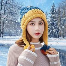 Gorro de invierno peruano para mujeres con orejeras, gorro de esquí de sherpa, gorros de nieve de punto forrados de lana con 3 pompones - M8375-zangqing - Ver 10