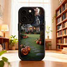 Fashion Mobile Phone Case Halloween Pumpkin Design  Case Black Haunted House Print With Lighted Pumpkins And Festive Path Ideal For Halloween Season And Theme Decoration
