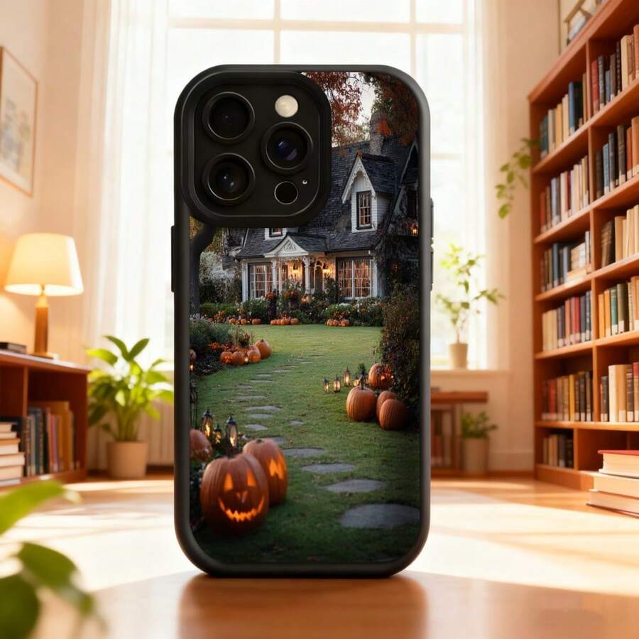 Fashion Mobile Phone Case Halloween Pumpkin Design  Case Black Haunted House Print With Lighted Pumpkins And Festive Path Ideal For Halloween Season And Theme Decoration