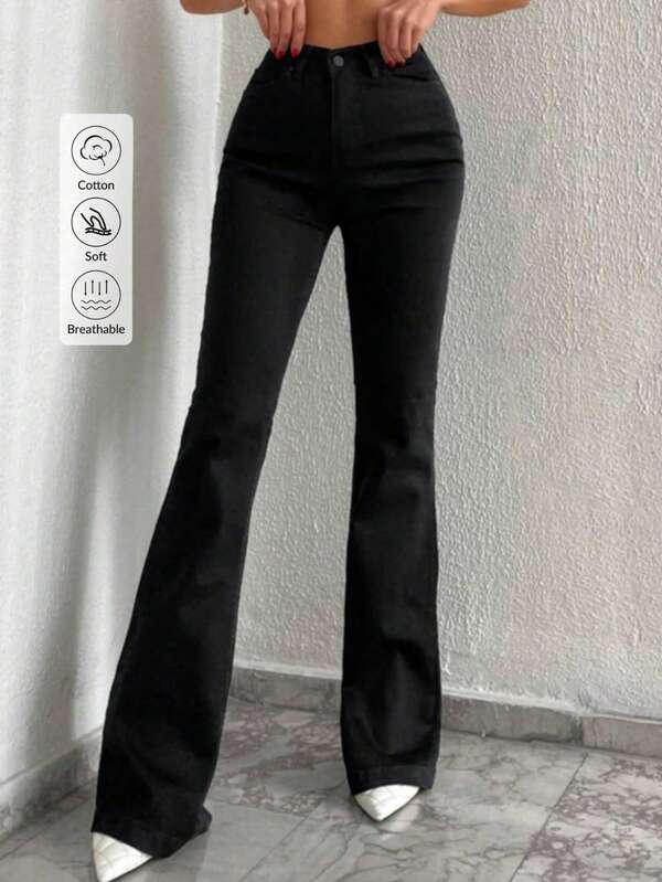 Damen High-Waist Jeans mit 3 Knöpfen und Skinny Leg, einfarbig mit Tasche und Reißverschluss-Knopf