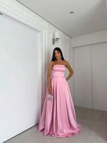 SATIN PARTY DRESS WEDDING BRIDESMAIDS GRADUATES STRAP-OFF - ROSA BEBÉ - Ver 1