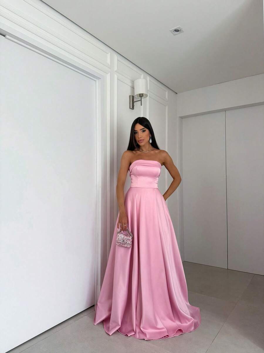 SATIN PARTY DRESS WEDDING BRIDESMAIDS GRADUATES STRAP-OFF - ROSA BEBÉ - Ver 1