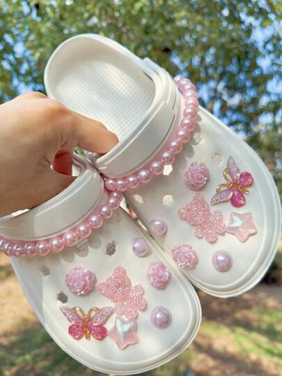 14pcs Shoe Accessories, Suitable For Hollow Sandals, Slippers, Garden Shoes, Beach Shoes, DIY Bowknot, Pink Bear, Heart Shape, Removable ABS Pearl Decorations, Ideal For Holiday And Birthday Gifts