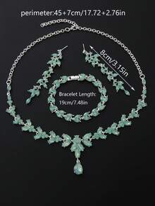 4 Pieces/Set Rhinestone Rhinestone Bridal Bridesmaid Jewelry Set, Elegant Horse Eye Pointy Rhinestone Leaf Necklace Pendant Earrings Bracelet Set, Suitable For Women's Wedding Party Accessories - Light Green - View 3