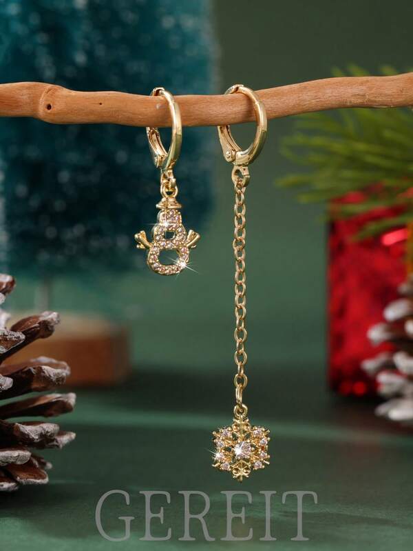 GEREIT 2 Stücke minimalistische Kupfer Micro-Einlegearbeit AAA Zirkonia Weihnachtsmann & Schneeflocke Ohrringe zum Anhängen