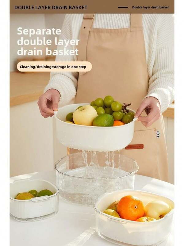 2/6 peças de cesto de drenagem transparente de dupla camada - cesto para lavar louças, legumes e frutas. Uso doméstico na cozinha. Cesto de água com filtro PET para lavar frutas. Adequado para lavar legumes e frutas na cozinha.