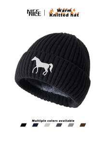 1 pieza Gorro de punto con bordado de caballo blanco para hombres, gorro unisex con forro polar cálido de estilo Y2K, gorra resistente al viento, regalo ideal para amigos y familiares, otoño/invierno